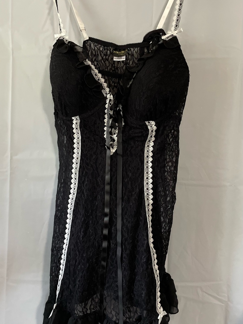 Black Lace Chemise with White Trim and Ribbon Detail